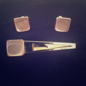 Anson Pink Moonglow Square Cufflinks & Tie Bar Set
